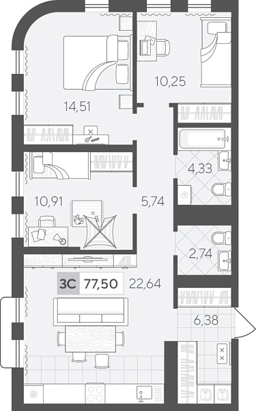 Новая 3-к квартира
 77.5 м² на 16/17 этаже в ЖК «Скандиа. Квартал в Комарово Парк» в городе Тюмень 