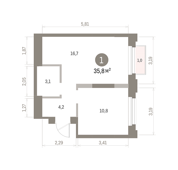 Количество комнат: 1,  35.8 кв.м.
