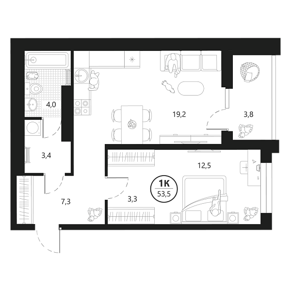 Новая 1-к квартира
 53.5 м² на 10/22 этаже в ЖК «Маэстро» в городе Тюмень 