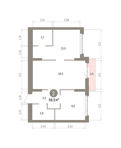 Количество комнат: 2,  56.5 кв.м.