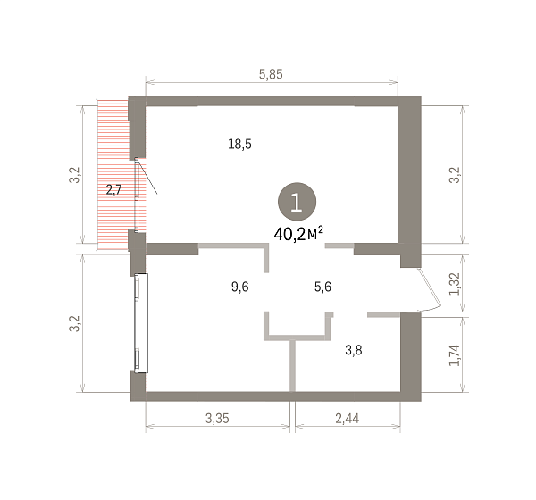 Количество комнат: 1,  40.2 кв.м.