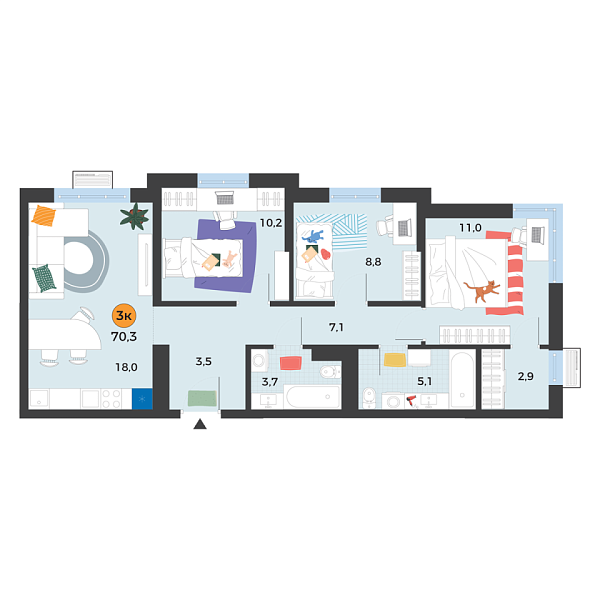 Новая 3-к квартира
 70.3 м² на 10/25 этаже в ЖК «Корней» в городе Тюмень 