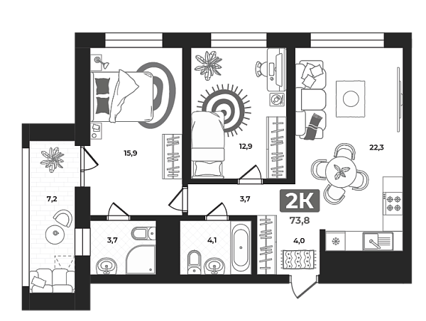 Новая 2-к квартира
 73.8 м² на 10/23 этаже в ЖК «Маэстро» в городе Тюмень 