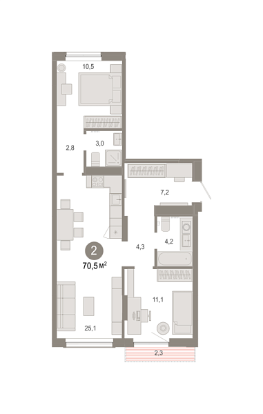 Новая 2-к квартира
 70.46 м² на 6/7 этаже в ЖК «Октябрьский на Туре» в городе Тюмень 
