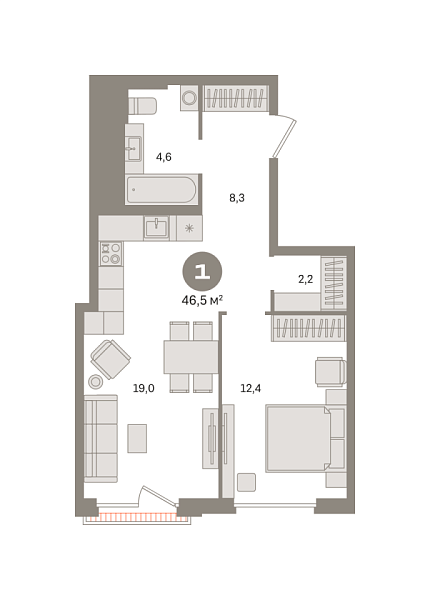 Новая 1-к квартира
 46.51 м² на 15/16 этаже в ЖК «Квартал Герцена» в городе Тюмень 