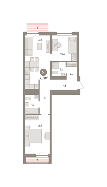 Новая 2-к квартира
 71.4 м² на 6/8 этаже в ЖК «Речной порт» в городе Тюмень 