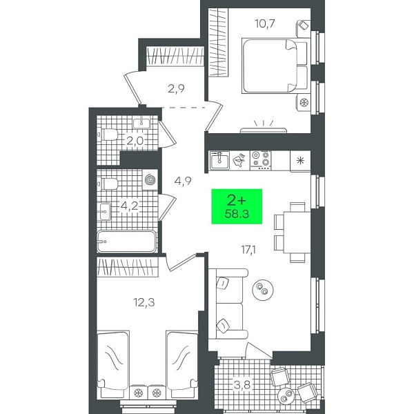Новая 2-к квартира
 58.32 м² на 15/22 этаже в ЖК «Гранд Квартал» в городе Тюмень 