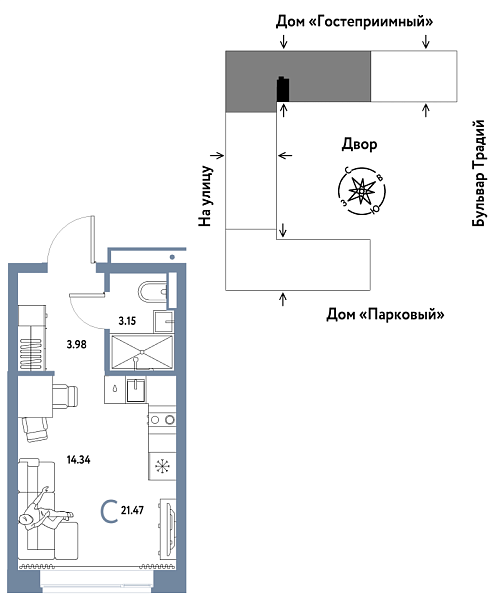 Новая квартира-студия
 21.47 м² на 10/15 этаже в ЖК «Домашний» в городе Тюмень 