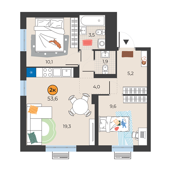 Новая 2-к квартира
 53.6 м² на 3/25 этаже в ЖК «Корней» в городе Тюмень 