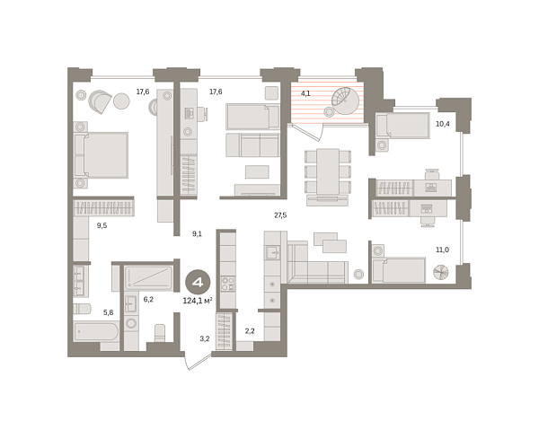 Новая 4-к квартира
 124.07 м² на 11/27 этаже в ЖК «Квартал «МОНС»» в городе Тюмень 