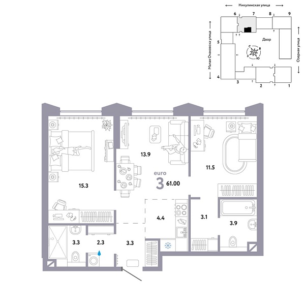 Новая 3-к квартира
 61 м² на 21/30 этаже в ЖК «Страна.Озёрная» в городе Тюмень 