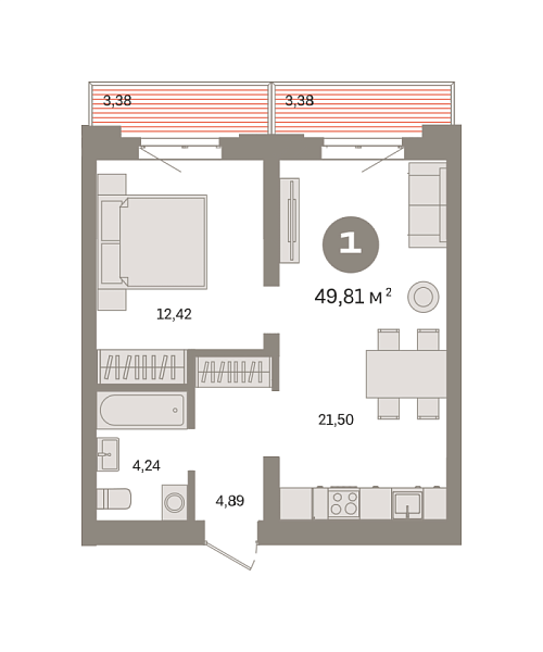 Новая 1-к квартира
 49.81 м² на 3/9 этаже в ЖК «Речной порт» в городе Тюмень 
