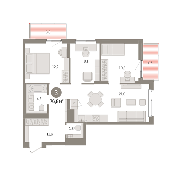 Новая 3-к квартира
 76.8 м² на 6/9 этаже в ЖК «Брусника в Новоселье» в городе Тюмень 