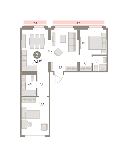 Новая 2-к квартира
 77.14 м² на 9/9 этаже в ЖК «Брусника в Академическом» в городе Тюмень 