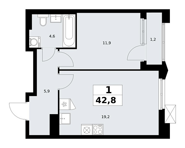 Новая 1-к квартира
 42.8 м² на 13/17 этаже в ЖК «Деснаречье» в городе Тюмень 