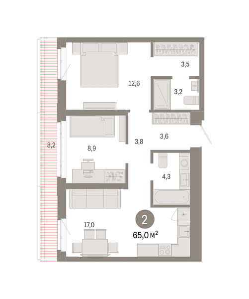 Новая 2-к квартира
 65.02 м² на 11/18 этаже в ЖК «Республики 205» в городе Тюмень 