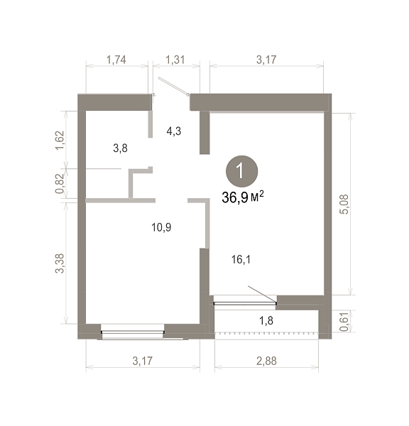 Количество комнат: 1,  36.89 кв.м.