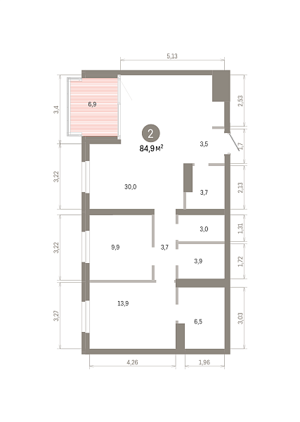 Количество комнат: 2,  84.9 кв.м.