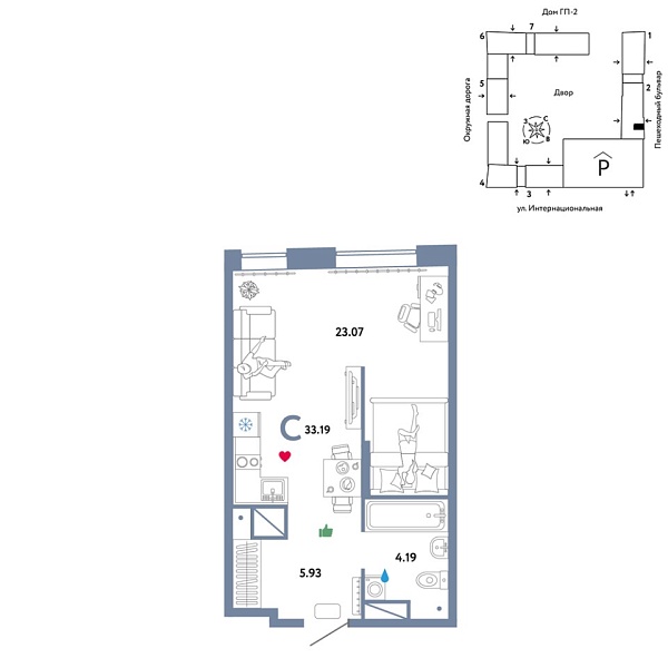 Новая квартира-студия
 33.19 м² на 13/16 этаже в ЖК «Юнион» в городе Тюмень 