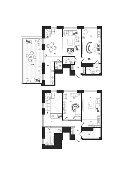 Новая 3-к квартира
 147.3 м² на 19/22 этаже в ЖК «Маэстро» в городе Тюмень 