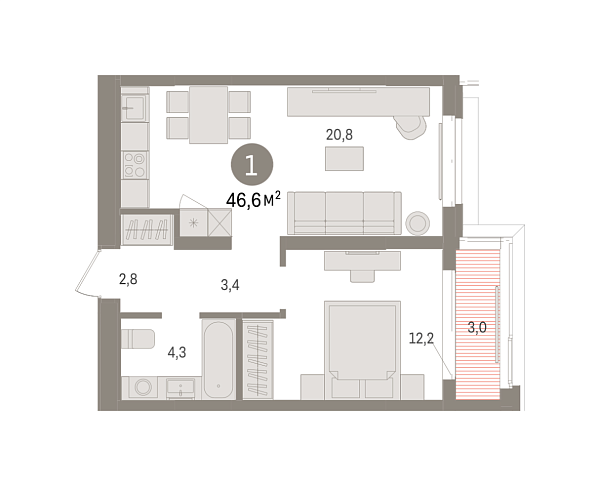 Новая 1-к квартира
 46.55 м² на 3/7 этаже в ЖК «Кварталы «На Минской»» в городе Тюмень 