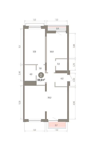 Количество комнат: 2,  88.6 кв.м.