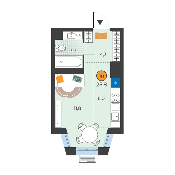 Новая квартира-студия
 25.8 м² на 18/25 этаже в ЖК «Корней» в городе Тюмень 