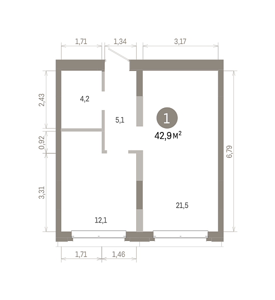 Количество комнат: 1,  42.85 кв.м.