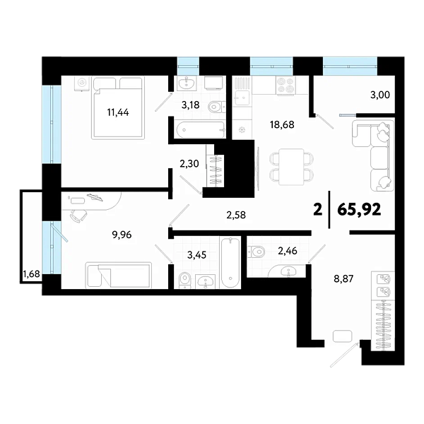 Новая 2-к квартира
 65.92 м² на 17/24 этаже в ЖК «Квартал в Гагаринском парке» в городе Тюмень 