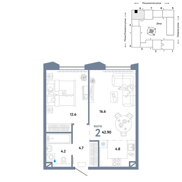 Новая 2-к квартира
 42.9 м² на 29/30 этаже в ЖК «Страна.Озёрная» в городе Тюмень 