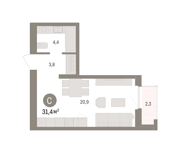 Новая квартира-студия
 31.43 м² на 13/16 этаже в ЖК «Зарека» в городе Тюмень 