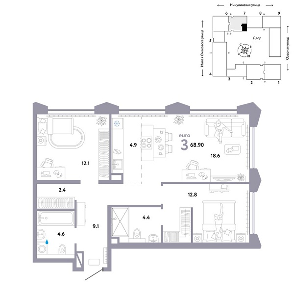 Новая 3-к квартира
 68.9 м² на 25/30 этаже в ЖК «Страна.Озёрная» в городе Тюмень 