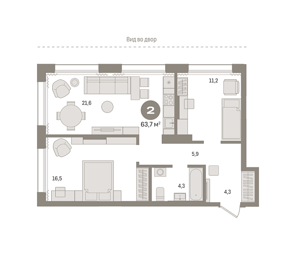Новая 2-к квартира
 63.68 м² на 4/17 этаже в ЖК «Октябрьский на Туре» в городе Тюмень 