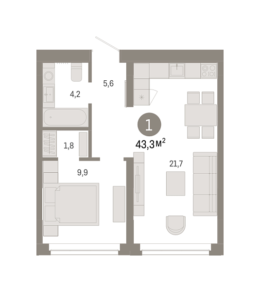 Новая 1-к квартира
 43.26 м² на 5/7 этаже в ЖК «Республики 205» в городе Тюмень 