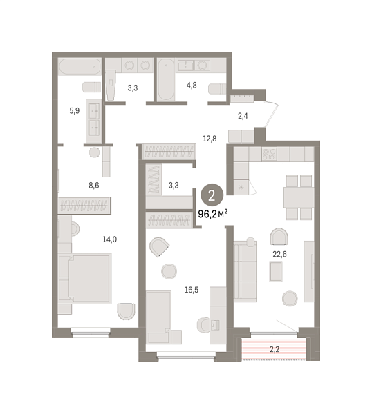 Новая 2-к квартира
 96.24 м² на 7/16 этаже в ЖК «Зарека» в городе Тюмень 