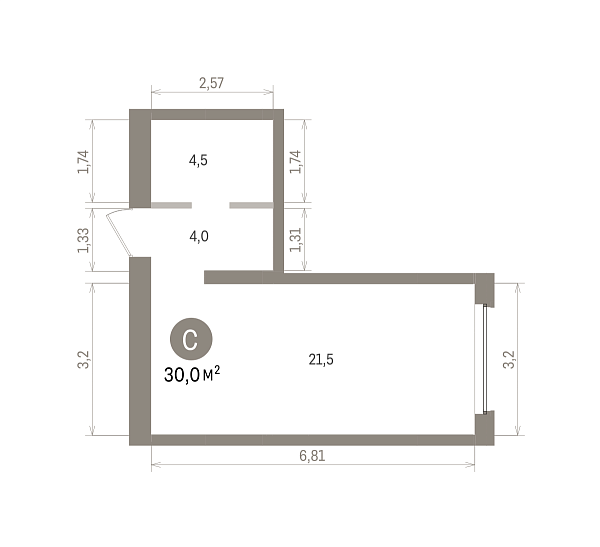 Количество комнат: Студия,  30 кв.м.