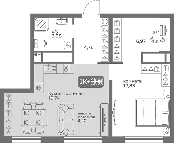 Новая 1-к квартира
 48.23 м² на 20/20 этаже в ЖК «Меридиан Слобода» в городе Тюмень 