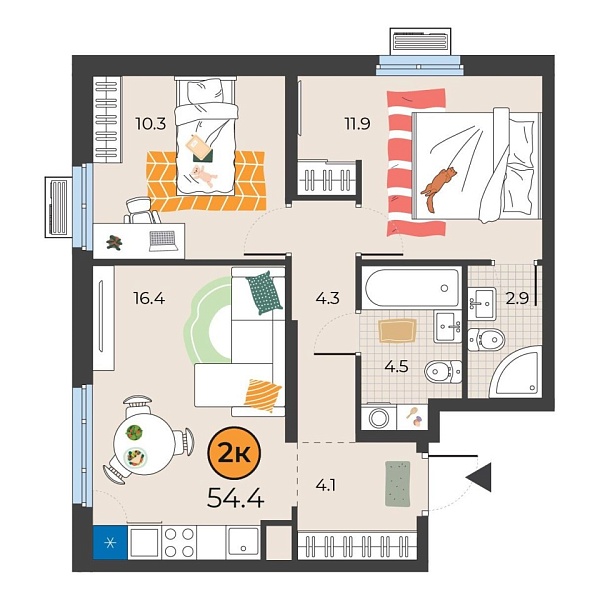 Новая 2-к квартира
 54.4 м² на 10/25 этаже в ЖК «Корней» в городе Тюмень 