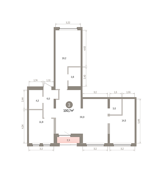 Количество комнат: 3,  100.73 кв.м.