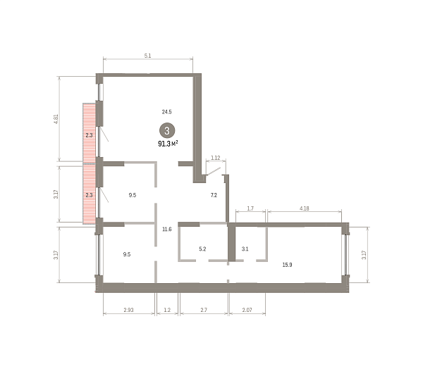 Количество комнат: 3,  91.25 кв.м.