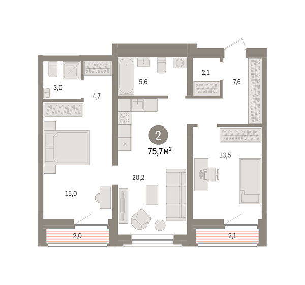 Новая 2-к квартира
 76.1 м² на 3/10 этаже в ЖК «Речной порт» в городе Тюмень 