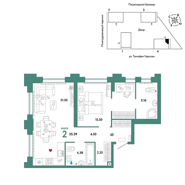 Новая 2-к квартира
 55.39 м² на 12/31 этаже в ЖК «Звёздный» в городе Тюмень 