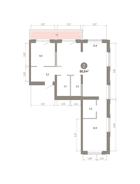 Количество комнат: 2,  90.9 кв.м.