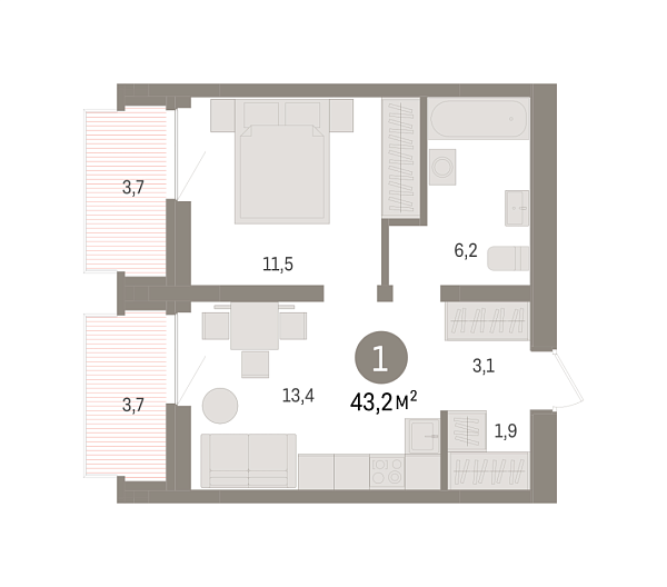 Новая 1-к квартира
 43.2 м² на 6/9 этаже в ЖК «Речной порт» в городе Тюмень 