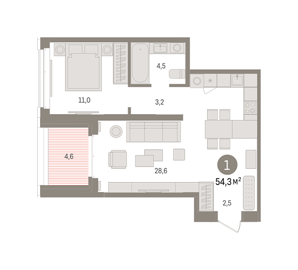 Новая 1-к квартира
 54.34 м² на 4/16 этаже в ЖК «Кварталы «На Минской»» в городе Тюмень 