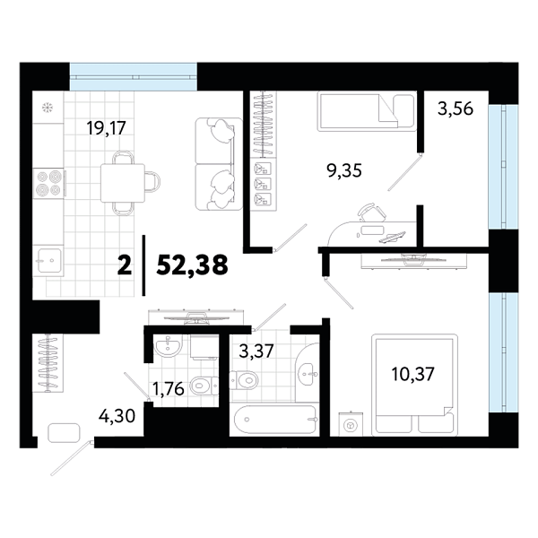 Новая 2-к квартира
 52.38 м² на 20/20 этаже в ЖК «Квартал в Гагаринском парке» в городе Тюмень 