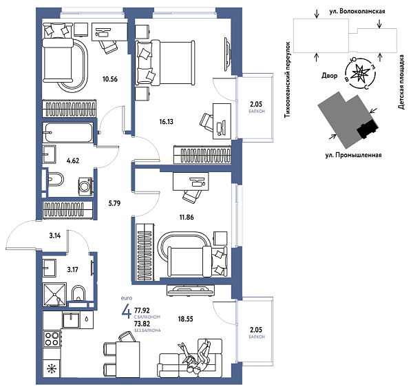 Новая 4-к квартира
 77.92 м² на 15/20 этаже в ЖК «Страна.Прибрежная» в городе Тюмень 