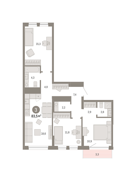 Новая 3-к квартира
 83.52 м² на 2/9 этаже в ЖК «Республики 205» в городе Тюмень 