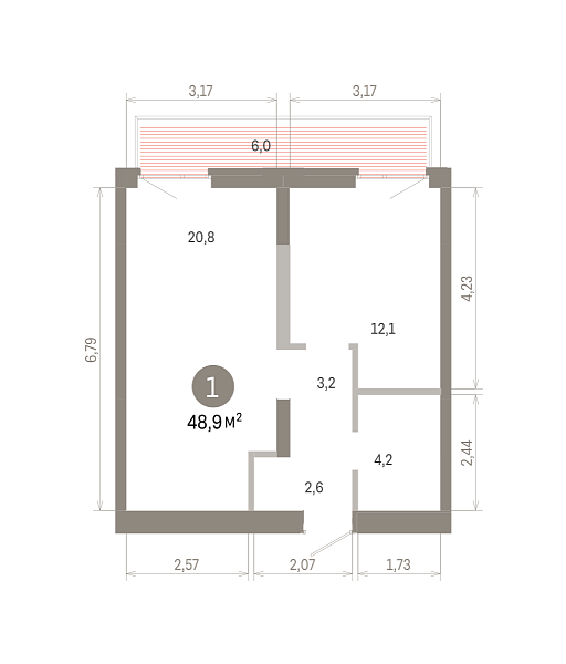 Количество комнат: 1,  48.88 кв.м.