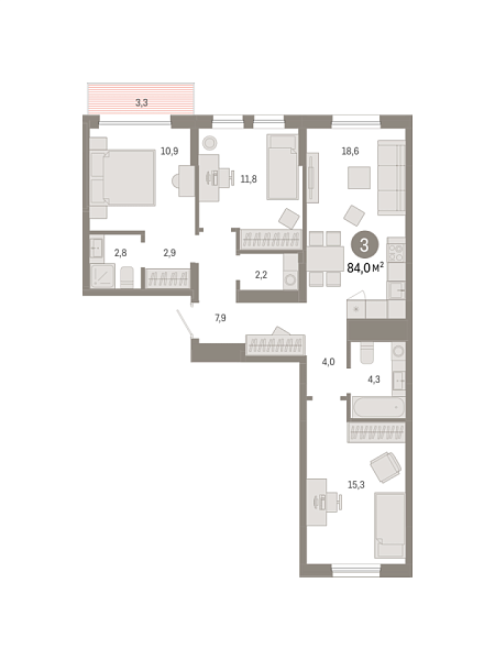 Новая 3-к квартира
 83.99 м² на 2/9 этаже в ЖК «Республики 205» в городе Тюмень 